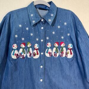 Karen Scott VTG Christmas Blue Denim Shirt Embroidered Snowflake Snowmen Plus 1X